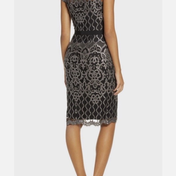 Tadashi Shoji Sequin Lace Body-Con Cocktail Dress Silver Black Size 8 - Picture 2 of 12